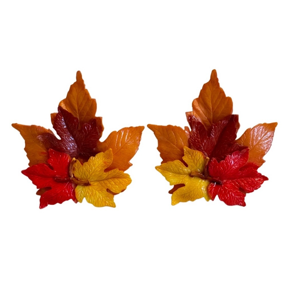 Vtg HUGE Red Orange Autumn Fall Leaves Plastic Resin Clip Earrings 1960s Vintage